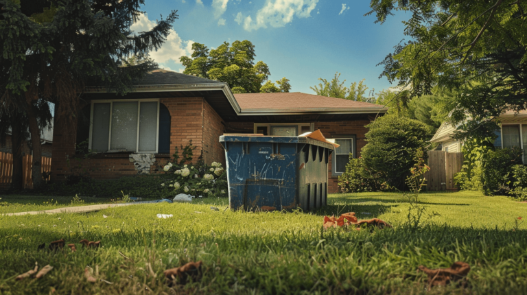 home reno with dumpster on lawn